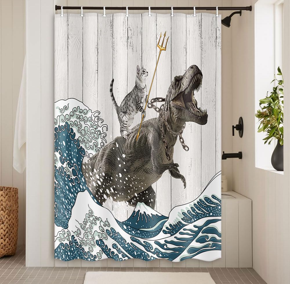 Boziqr Funny Cat Shower Stall Curtain  Cool Cat Dinosaur Japanese Ocean Wave Decor Fabric Bathroom Curtains  Kids Children Rustic Wooden Farmhouse Shower Curtain  48 X 70 Inches